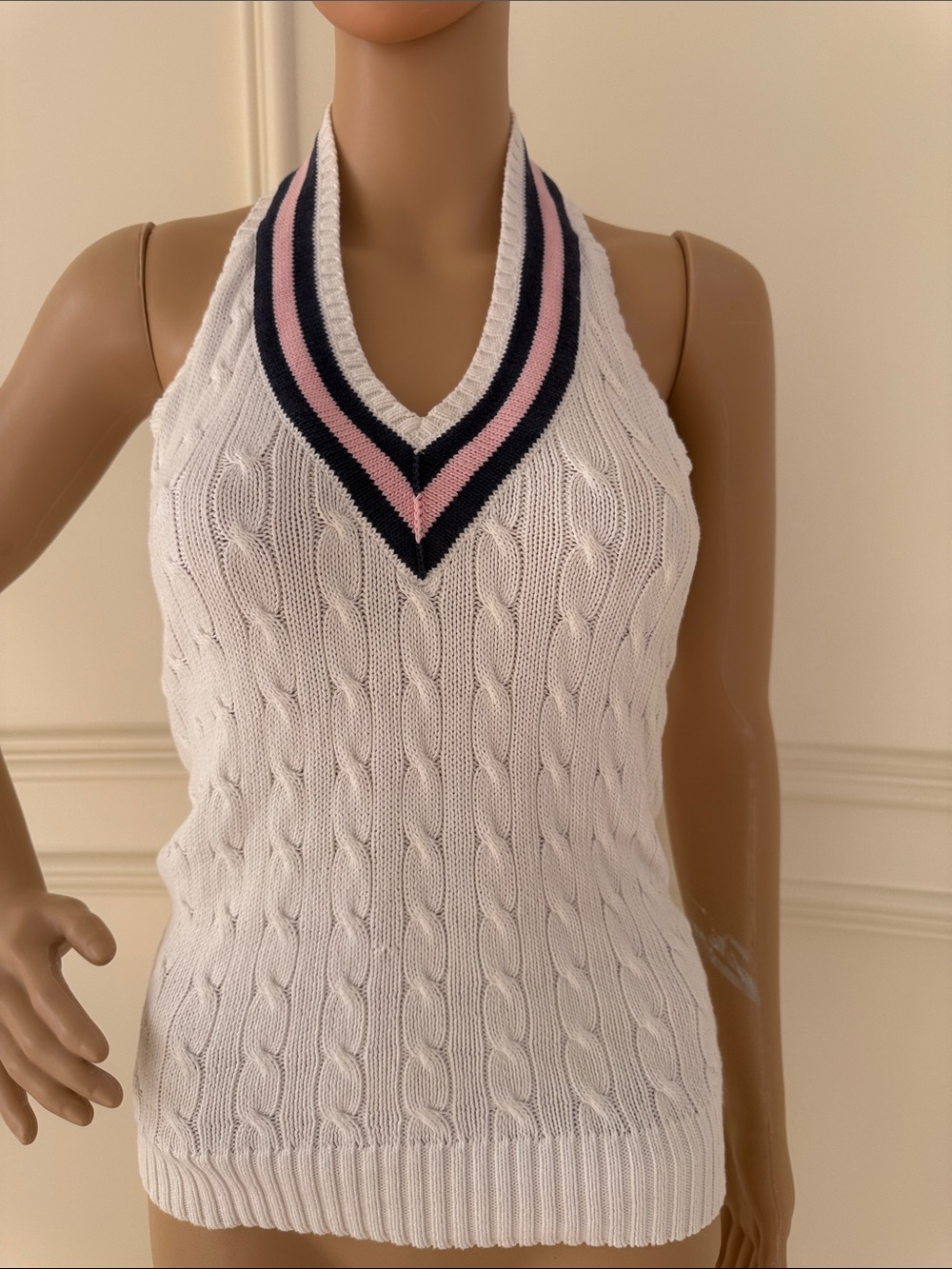Ralph Lauren White Cable-Knit Halter Tank with Pink & Navy Trim